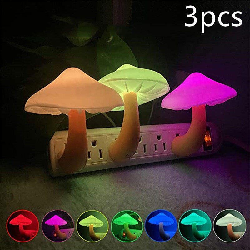 LED Night Light Mushroom Wall Socket Lamp EU US Plug Warm White Light-control Sensor