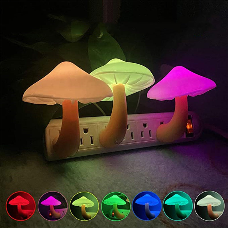 LED Night Light Mushroom Wall Socket Lamp EU US Plug Warm White Light-control Sensor